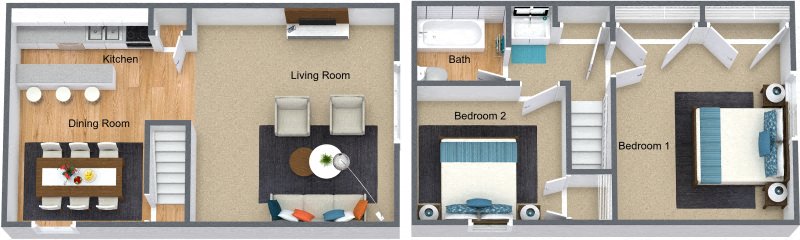 Floor plan for 2 beds, 1 bath, 864 sqft